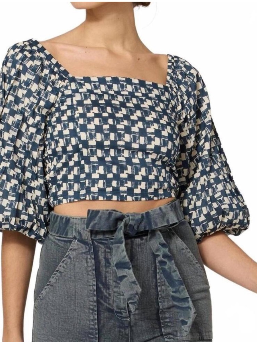 Cleobella Agatha long sleeve crop top 0049 smocked blue ivory XS women’s